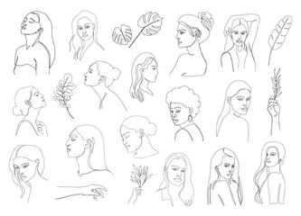 Set of posters template with minimalistic female figure. Woman portraits. One line art female body, faces. Modern abstract line art style. Vector illustration