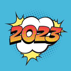 Retro comic speech bubble with colorful halftone shadow. Number 2023 text for New Year. Vector illustration, vintage design, pop art style.