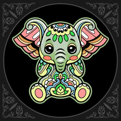 Colorful cute elephant cartoon mandala arts isolated on black background
