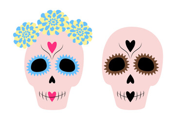 Set of two Sugar Skull in trendy shades. Day of the Dead. Dia de los muertos. Mexico. Sticker. Icon