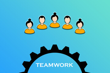 Avatars of team members forming a team above a toothed circle symbolizing teamwork and collaboration.