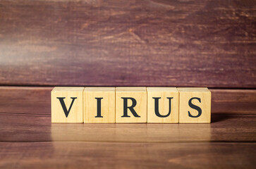 The word virus made up of wooden blocks on a wooden background