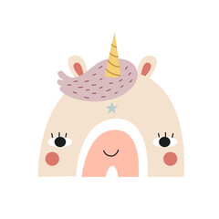 Rainbow with cute unicorn face. Nursery art. Vector illustration
