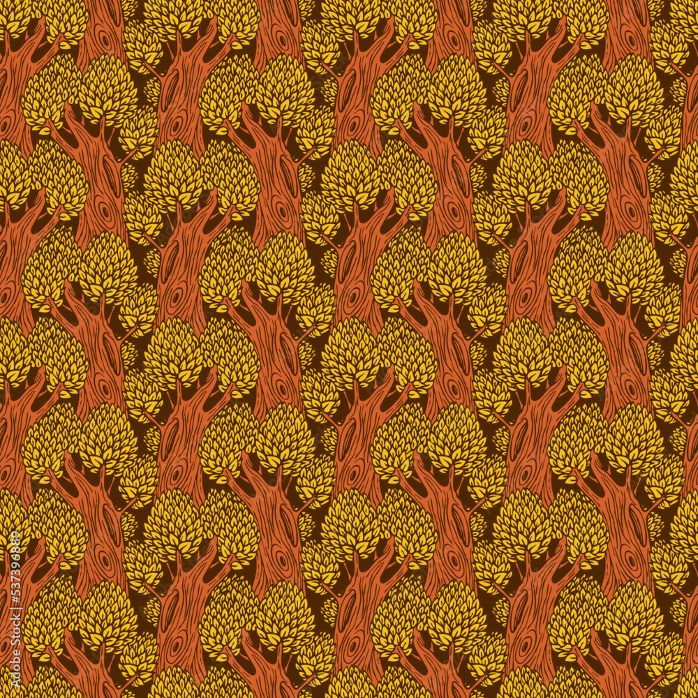 Aufkleber seamless pattern with old deciduous trees. vector background with dense forest in a flat cartoon sty