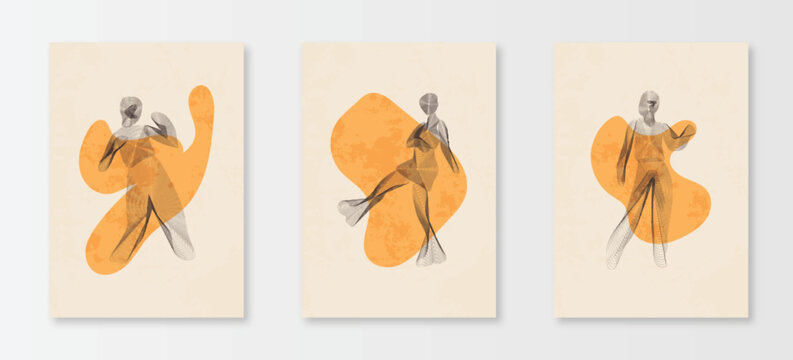 Girl Poster. Set of vector posters with Dynamic shape. Line art illustrations . Background images for cover, banner, poster.