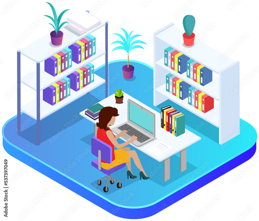Aufkleber office workplace. business woman working with laptop and documents on shelf. employee working from h