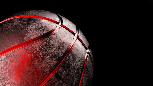 Red metallic basketball under black-white lighting background. Concept 3D CG of propaganda for the team, advertisement for the league finals and the fruits of the players' efforts.