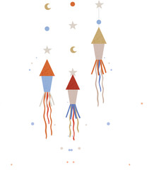 Cartoon rockets and celestial objects in garland. Cute astronomical shapes, space, heavenly bodies. Rockets, aircrafts as holiday decoration. Design elements for children party in space style