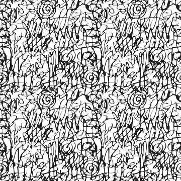 Seamless pattern with abstract doodles in a graffiti style. Vector hand-drawn texture with black squiggles on a white background. Endless background, graphic print for clothes, wrapping paper or Wallp