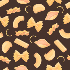 Pasta set. Italian traditional macaroni cartoon seamless pattern, rotelle, spaghetti, vermicelli. Flour products for food blog or menu design. Dry ingredient, kitchen and cooking theme, restaurant