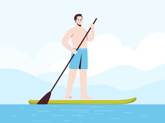 Young man is standing in swimsuit on sup . Stand up paddle.