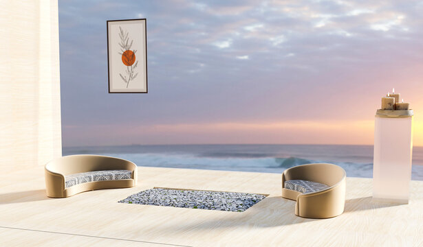 Beach house interior with sea view. Luxury interior design. 3d illustration.