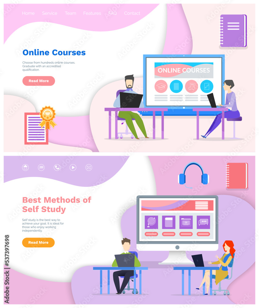 Poster best methods of self study, online courses concept. students studying online with distance learning 