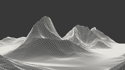 Abstract wireframe background. 3D grid technology illustration landscape. Digital Terrain Cyberspace in the Mountains with valleys. Data Array. Triangle polygons. White on Black. Vector Illustration. © Theus