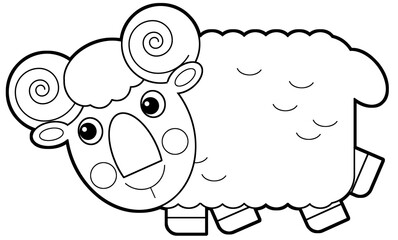 Cartoon scene sheep is standing looking and smiling on white background illustration for children
