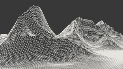 Abstract wireframe background. 3D grid technology illustration landscape. Digital Terrain Cyberspace in the Mountains with valleys. Data Array. Triangle polygons. White on Black. Vector Illustration.