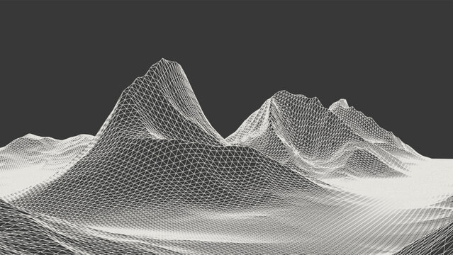 Abstract wireframe background. 3D grid technology illustration landscape. Digital Terrain Cyberspace in the Mountains with valleys. Data Array. Triangle polygons. White on Black. Vector Illustration.