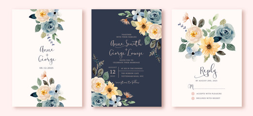 wedding invitation set with blue yellow watercolor floral