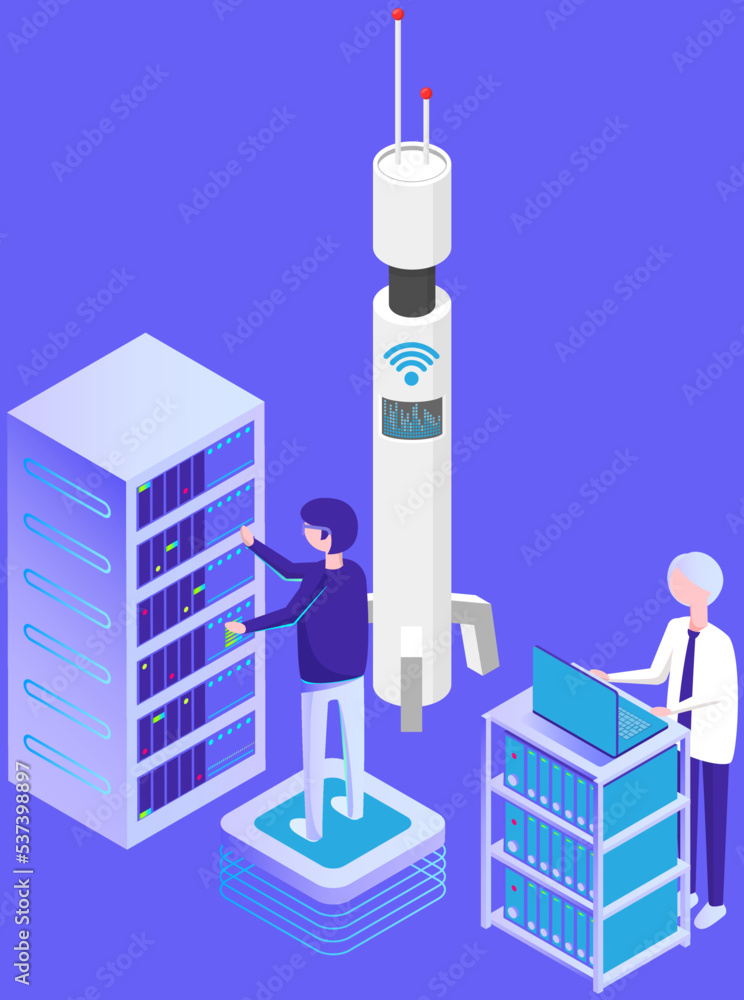Poster database center info storage, datacenter with modern innovation and systems station, wi fi connector