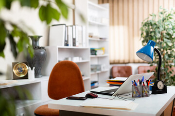 Comfortable workplace desk for businessman with laptop in white modern office interior