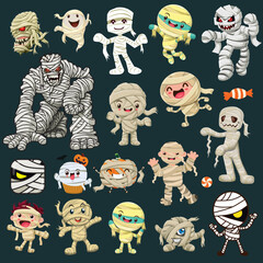 Fototapeta premium Vintage Halloween poster design with vector mummy, jack o lantern character set.