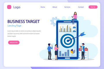 Business target concept. People working together on giant mobile phone for reach the target. Goal achievement, Flat vector template