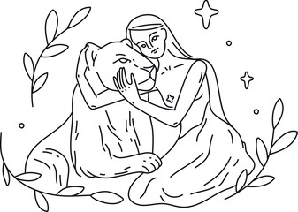 Feminine energy aesthetic in line art style. Isolated hand drawn lineart vector illustration. Girl, woman with lioness
