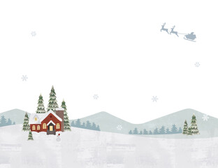 クリスマスの家と雪の朝の景色水彩