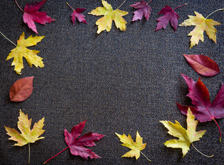 Colorful Seasonal Autumn leaves framing a stylish woven textured background. Top view with copy space. 