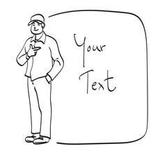 full length of standing man with cap pointing on blank space illustration vector hand drawn isolated on white background line art.