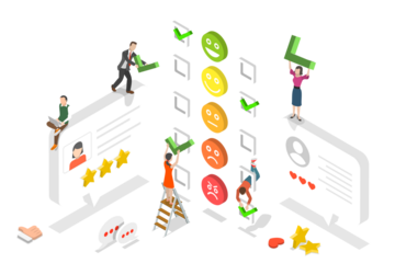 3D Isometric Flat Vector Conceptual Illustration of Customer Satisfaction Survey, Five Stars Rating, Positive Opinion and Review.