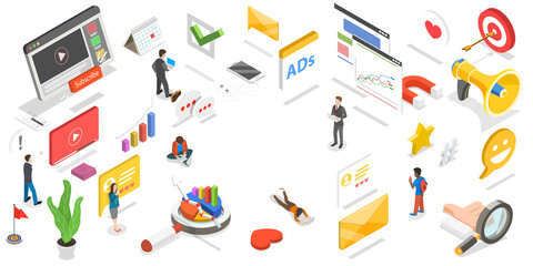 3D Isometric Flat  Conceptual Illustration of Social Media Marketing.