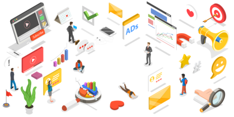 3D Isometric Flat  Conceptual Illustration of Social Media Marketing.