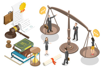 3D Isometric  Conceptual Illustration of Law and Justice. - obrazy, fototapety, plakaty