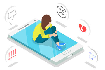 3D Isometric Flat  Conceptual Illustration of Cyber Bullying.