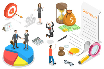 3D Isometric Flat  Conceptual Illustration of Signing Contract.