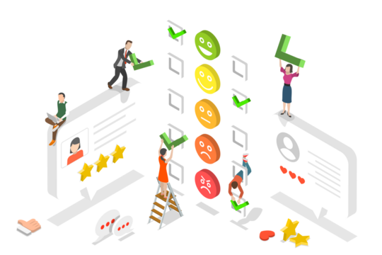 3D Isometric Flat Vector Conceptual Illustration of Customer Satisfaction Survey, Five Stars Rating, Positive Opinion and Review. - Powered by Adobe
