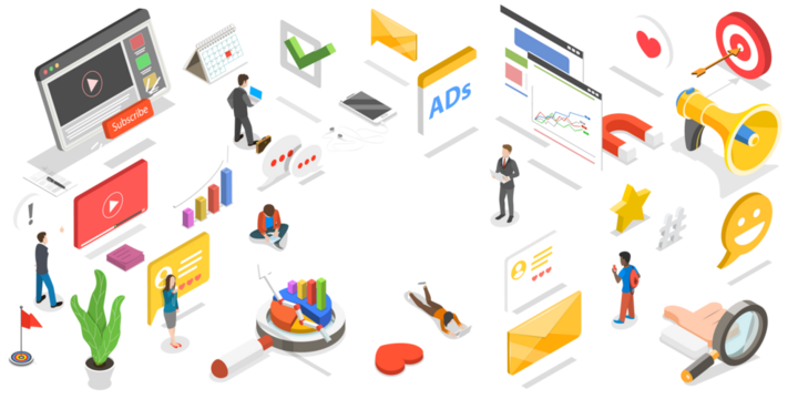 3D Isometric Flat  Conceptual Illustration of Social Media Marketing.