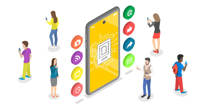 3D Isometric Flat  Conceptual Illustration of eSIM Card.