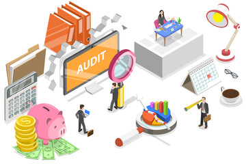 3D Isometric Flat  Conceptual Illustration of Accounting and Auditing.