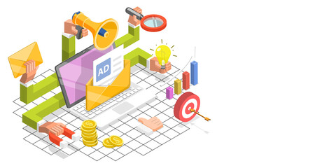3D Isometric Flat  Conceptual Illustration of Email Marketing.