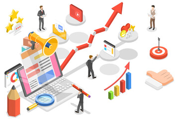 3D Isometric Flat  Conceptual Illustration of Content Based Marketing.