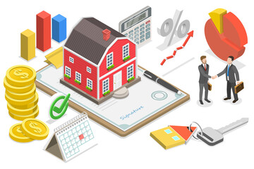 3D Isometric Flat  Conceptual Illustration of Mortgage