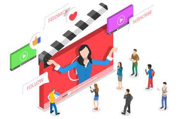 Flat isometric  concept of video blog, vlog, online channel.