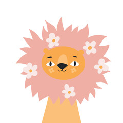 Cute lion with floral. Modern vector illustration