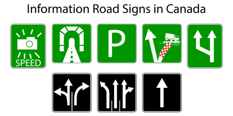 Road signs in Canada. Canadian information signs. Vector illustration. Stock picture. 
