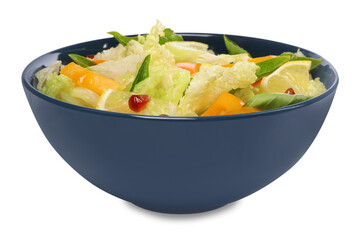 Delicious salad with Chinese cabbage, lemon, persimmon and pomegranate seeds isolated on white