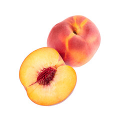 Whole and cut ripe peaches isolated on white