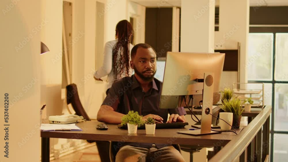 Poster african american man working on research project with computer, analyzing data report to create pres
