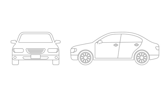 Sedan car line drawing illustration. Front view and side view.